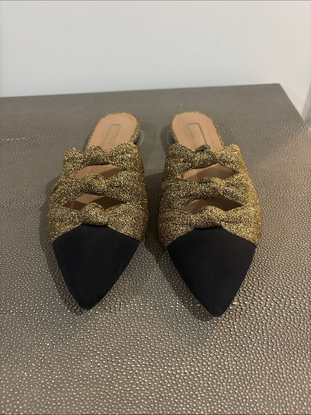 Aquazzura Gold Glitter and Black Pointed Toe Mules
